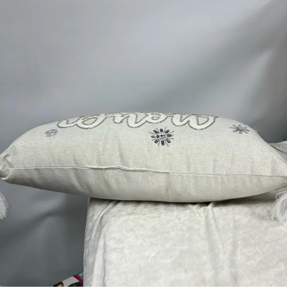 Grey Silver White Sequined Beaded Let It Snow Holiday Throw Pillow Cushion nwt
